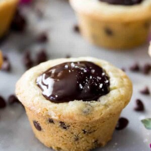 Chocolate chip cookie cup filled with chocolate