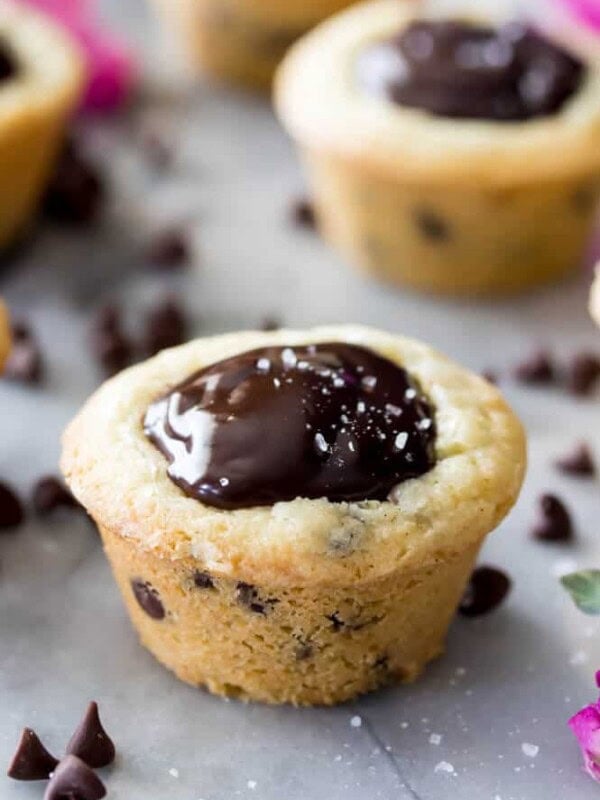 Chocolate chip cookie cup filled with chocolate
