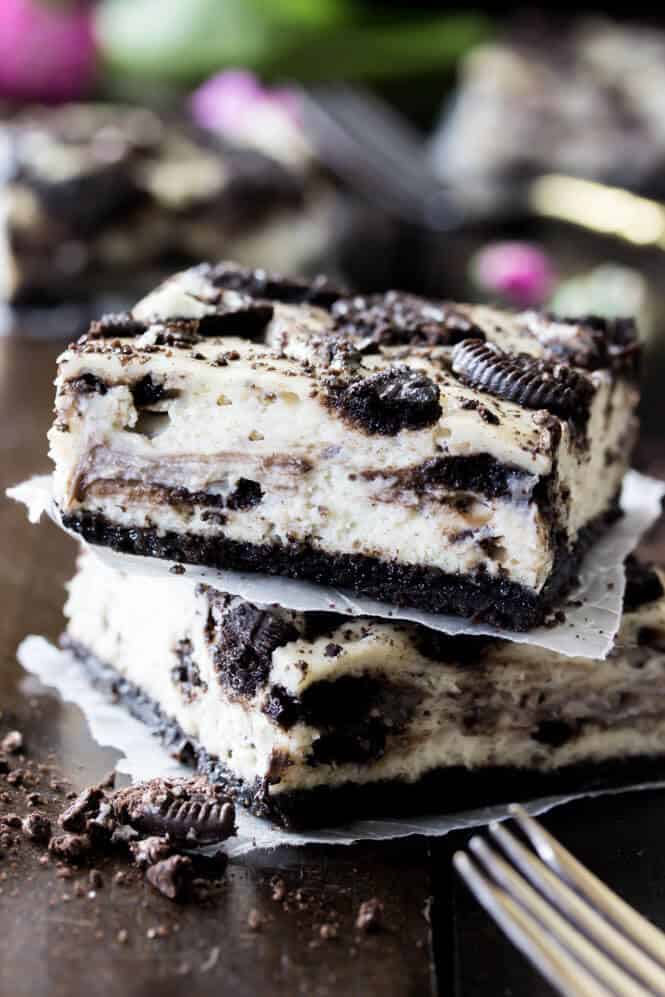 A stack of two Oreo cheesecake squares
