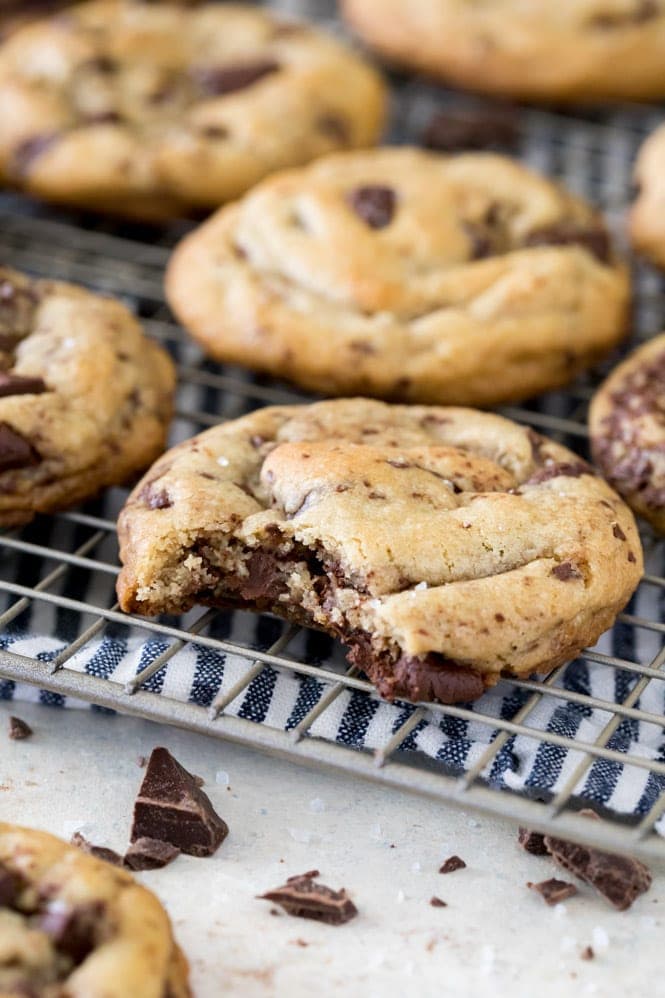 Cookie with a bite out of it: showing soft, buttery/chocolate interior