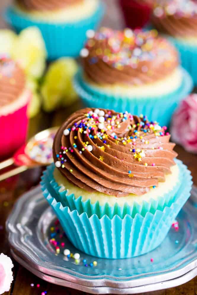Vanilla cupcakes topped with chocolate frosting: The best vanilla cupcake recipe