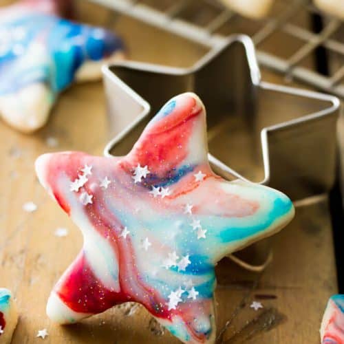 Red white and blue marbled cookies with silver star sprinkles