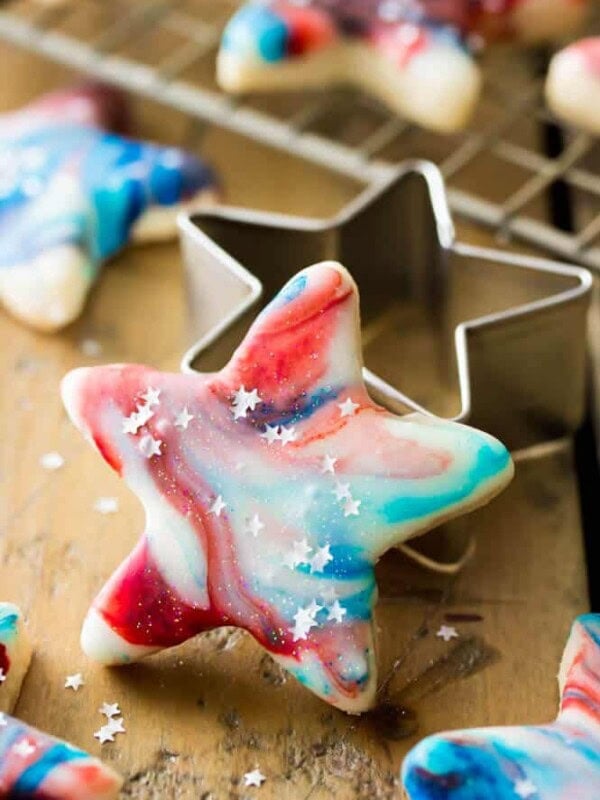 Red white and blue marbled cookies with silver star sprinkles