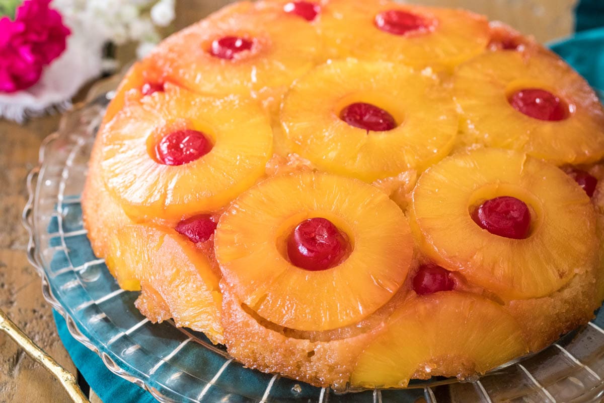 Pineapple upside down cake on pie platter