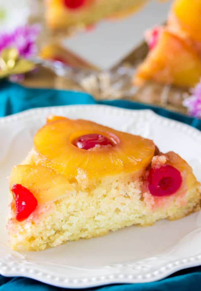 Pineapple Upside Down Cake slice on a white plate