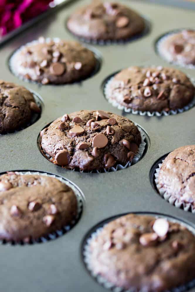 Double Chocolate Muffins fresh out of the oven || Sugar Spun Run
