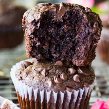 Stacked double chocolate muffins