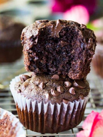 Stacked double chocolate muffins
