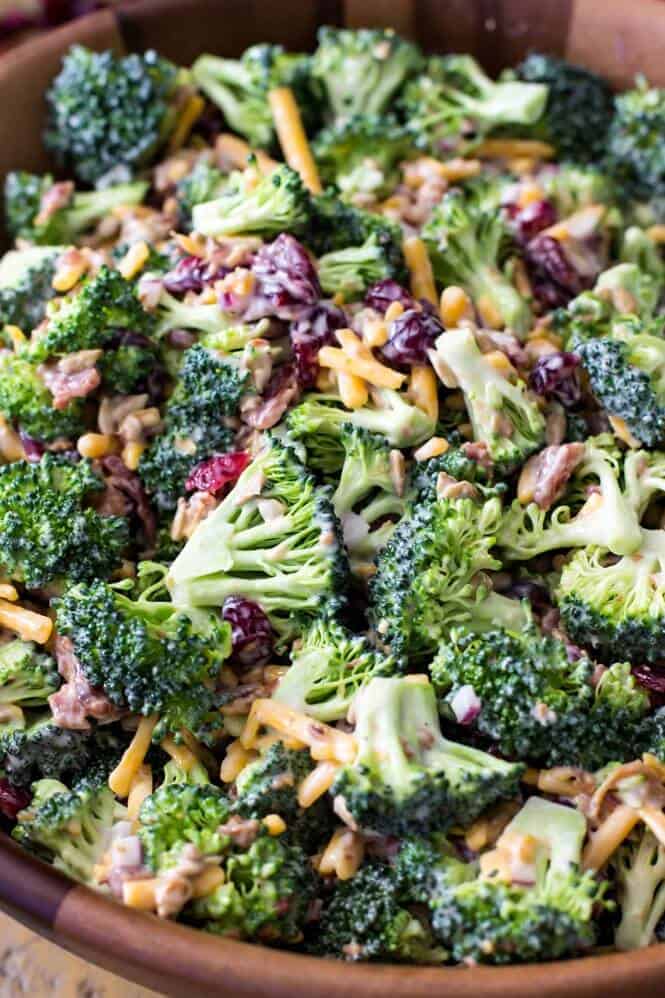 broccoli salad in wooden bowl