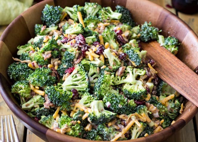 Large serving bowl of broccoli salad