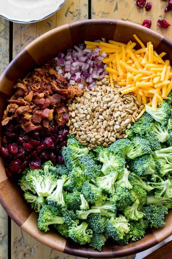 Ingredients for making broccoli salad with bacon and cheese