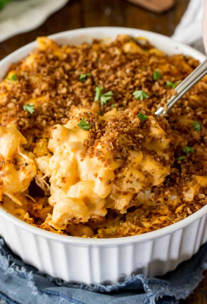Buffalo Chicken Mac and Cheese out of the oven with crispy buttery panko topping