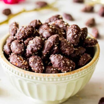 Dark Chocolate covered almonds in bowl