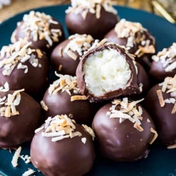 Plate of chocolate covered coconut truffles