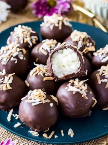 Plate of chocolate covered coconut truffles