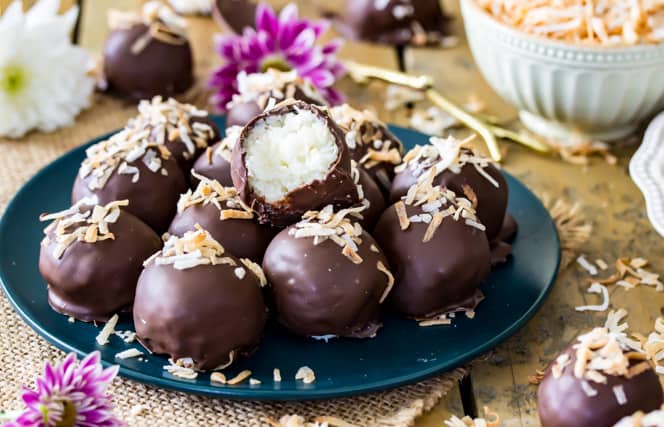 Plate of Chocolate covered coconut truffles