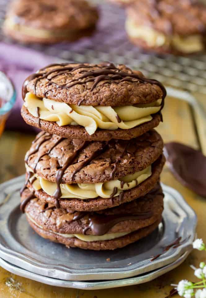 Stack of chocolate caramel sandwich cookies