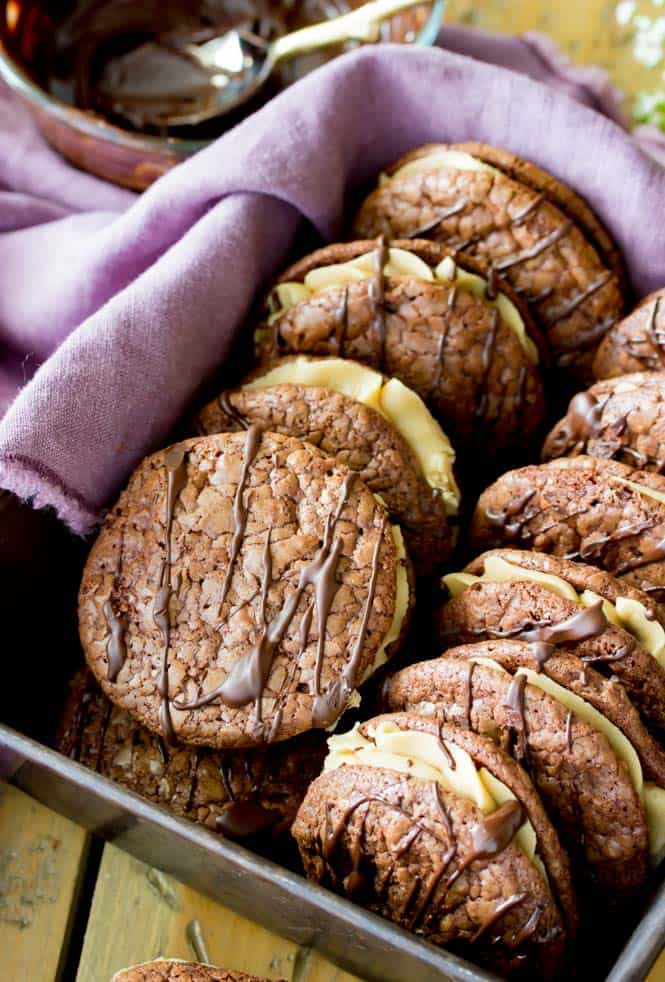 Basket of chocolate caramel sandwich cookies