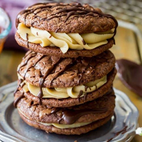 Stack of chocolate caramel sandwich cookies