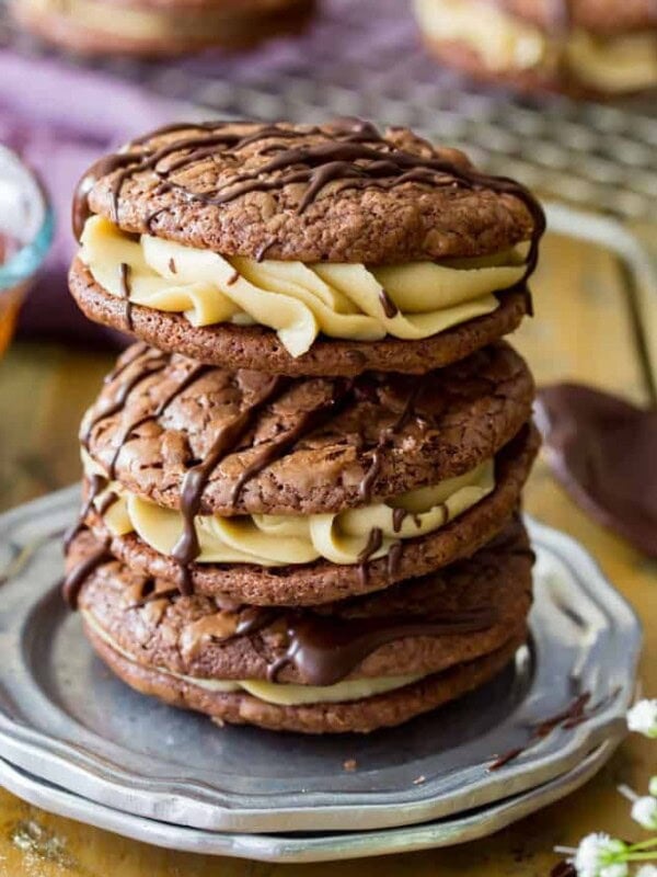 Stack of chocolate caramel sandwich cookies