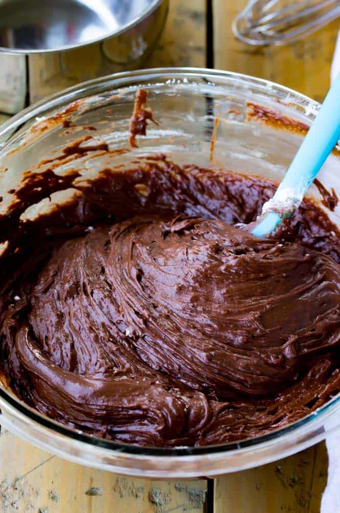 Chocolate batter in mixing bowl
