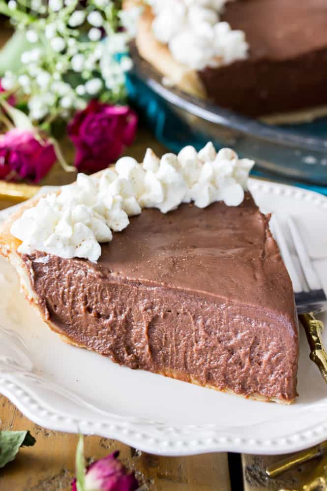 Slice of chocolate pie on plate