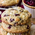 Stack of cranberry oatmeal white chocolate cookies
