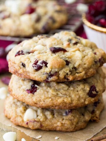 Stack of cranberry oatmeal white chocolate cookies