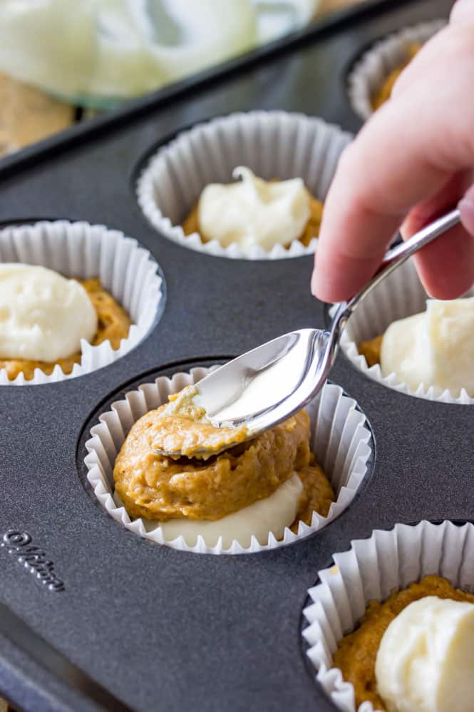 How to layer the batter for pumpkin cream cheese muffins || Sugar Spun Run