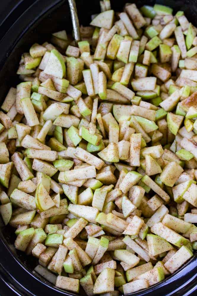 Chopped apples and spices in crock pot bowl