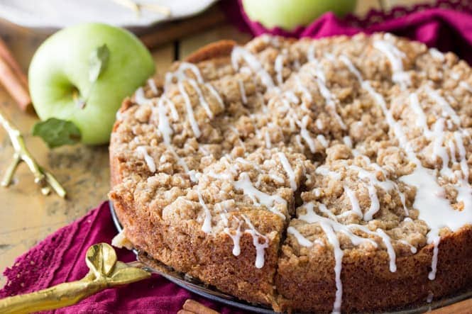 Apple crumb cake with streusel topping and vanilla glaze