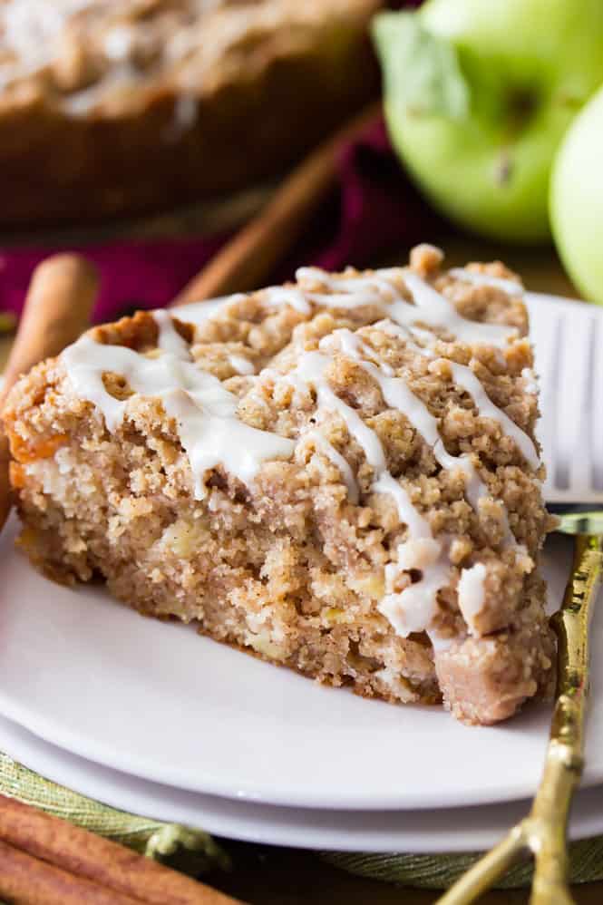 A slice of apple crumb cake