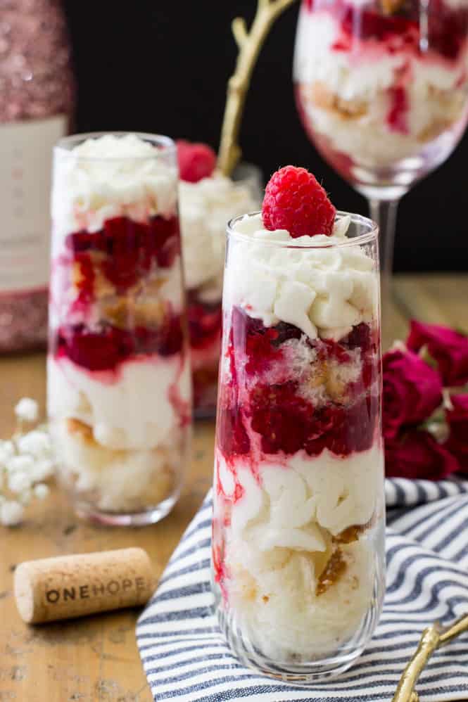 raspberry chardonnay trifle in stemless champagne flute