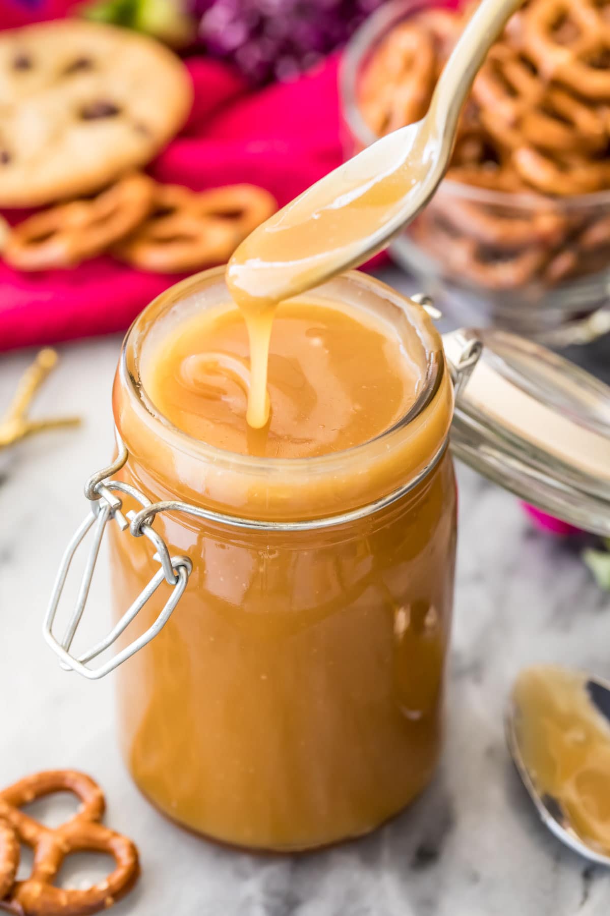 caramel sauce dripping off spoon