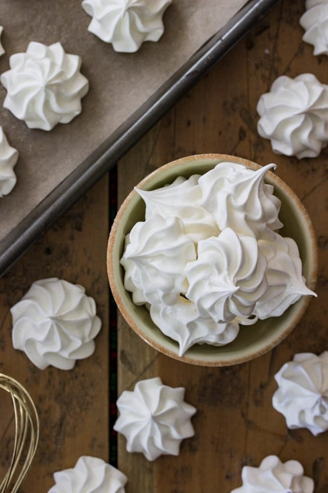 Overhead of meringue cookies in bowl