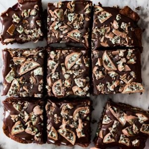 Overhead of oreo mint layered brownies, cut in to squares