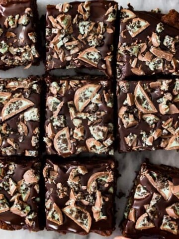 Overhead of oreo mint layered brownies, cut in to squares