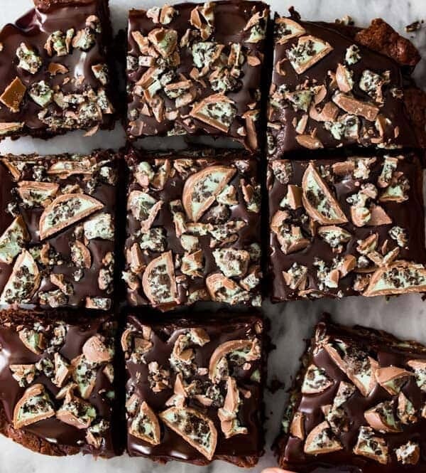 Overhead of oreo mint layered brownies, cut in to squares