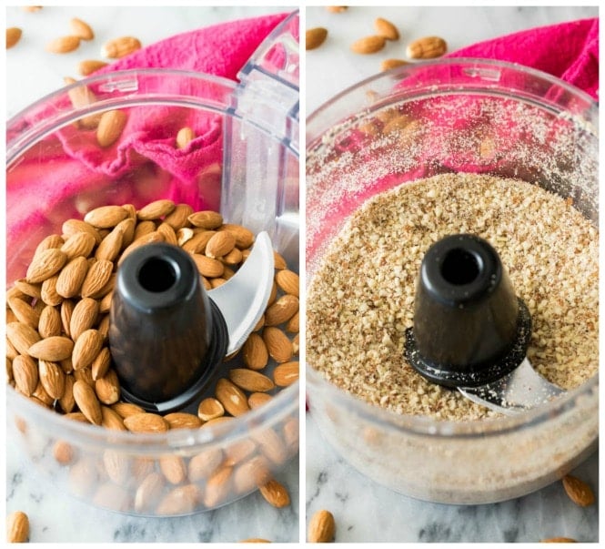 Using a food processor to chop almonds for lace cookies: before and after, how the almonds should look