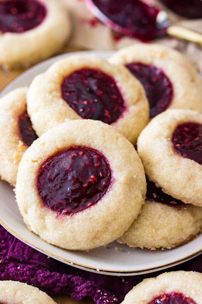 Thumbprint Cookies -- rolled in sugar and filled with raspberry jam