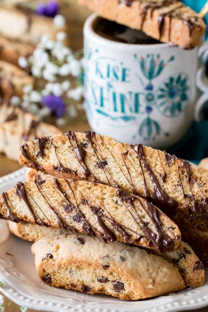 A plate full of chocolate drizzled biscotti