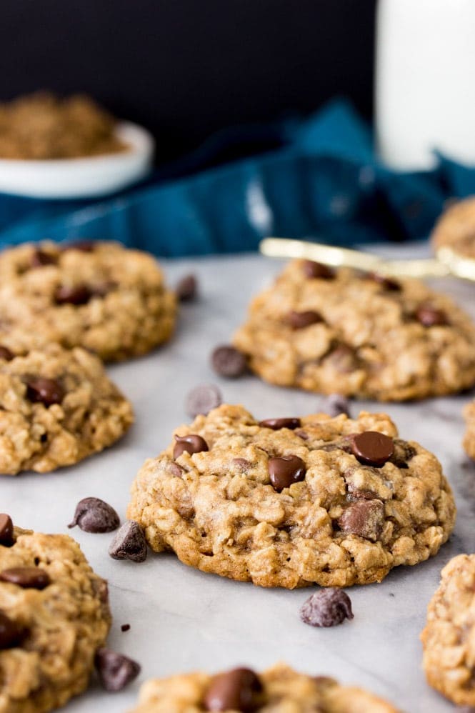 Close-up of oatmeal chocolate chip cookie to show texture