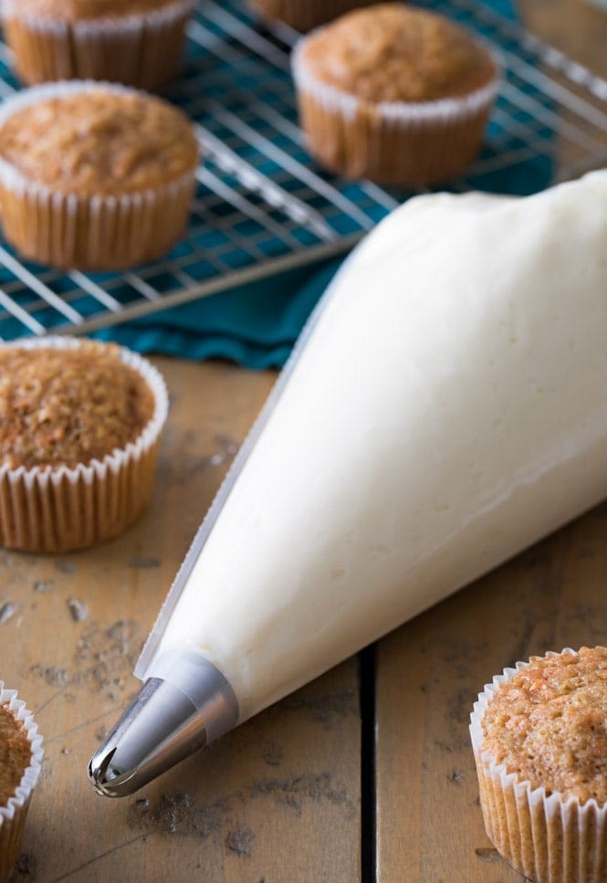 Cream Cheese Frosting in a pastry bag