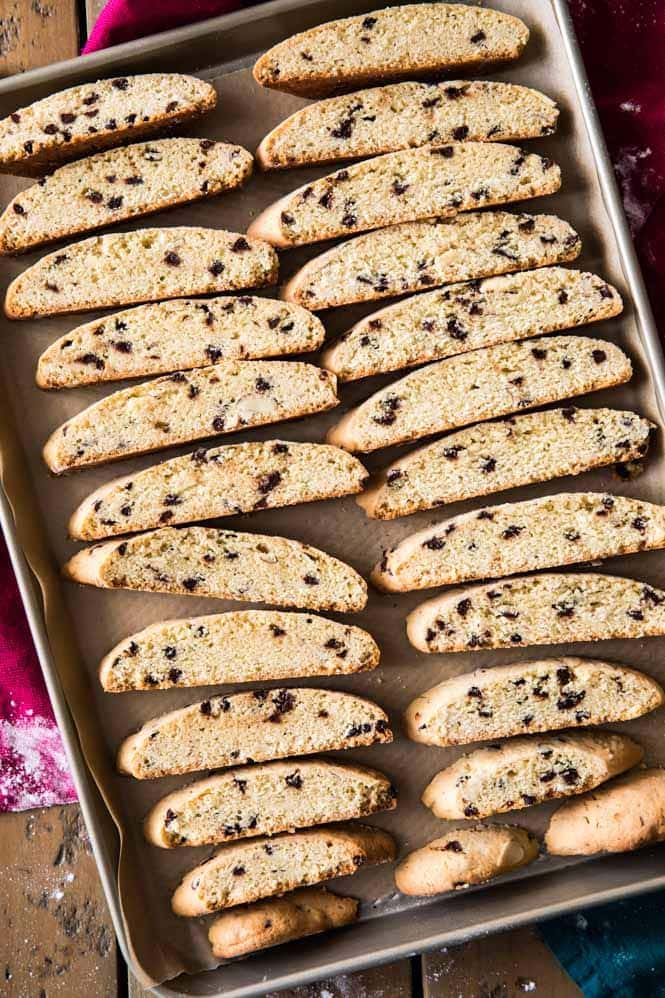 A pan full of golden brown baked biscotti