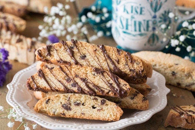 Biscotti on plate, drizzled in chocolate