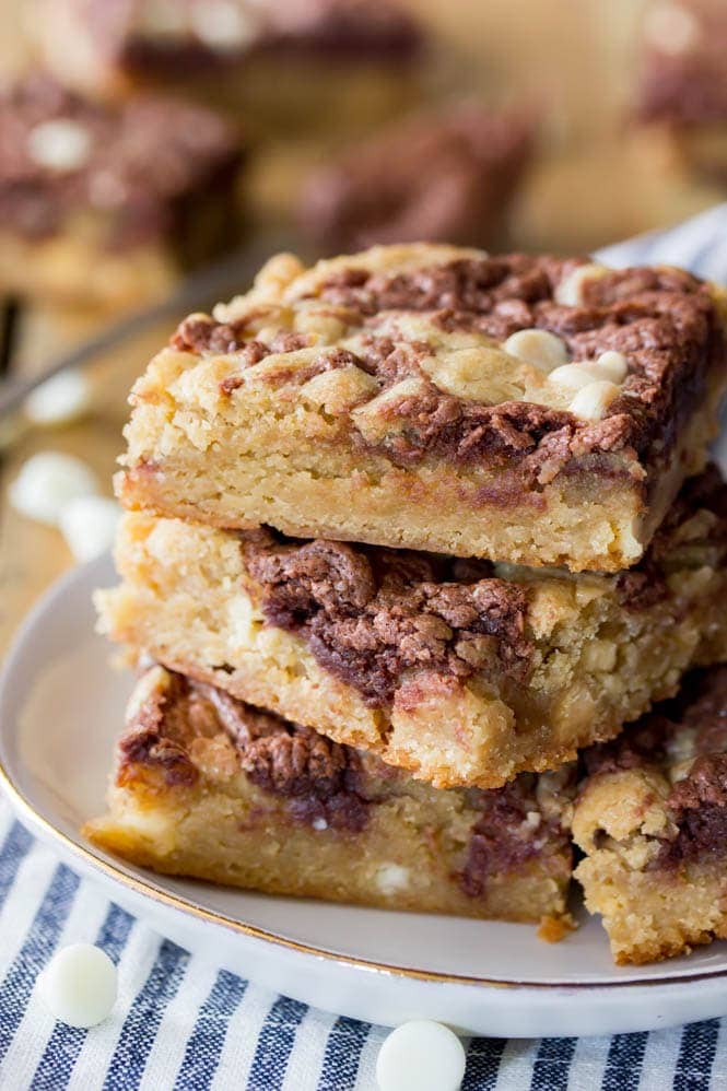 Stack of nutella swirl blondies on plate