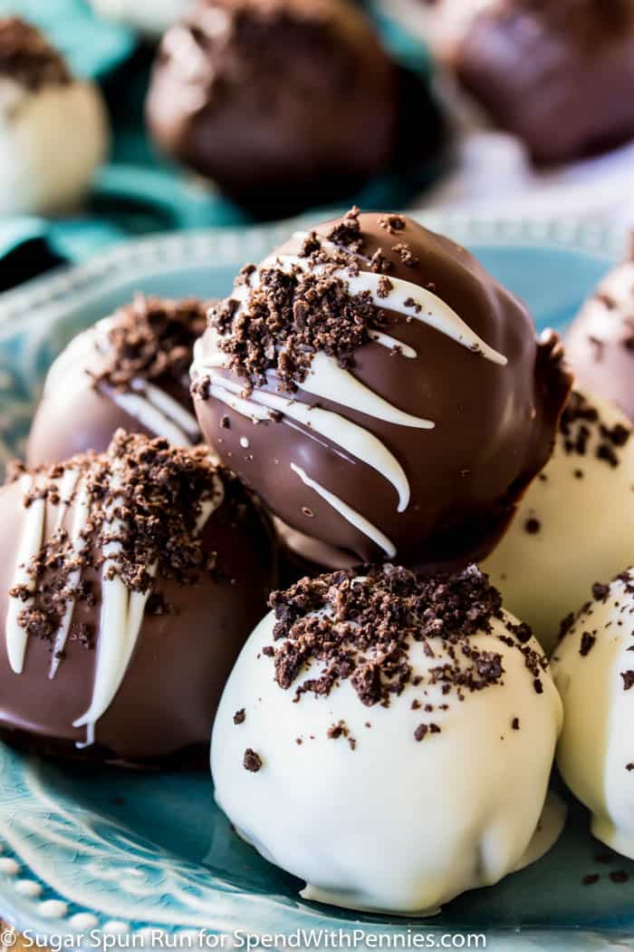 Chocolate Dipped Oreo Balls on a blue plate