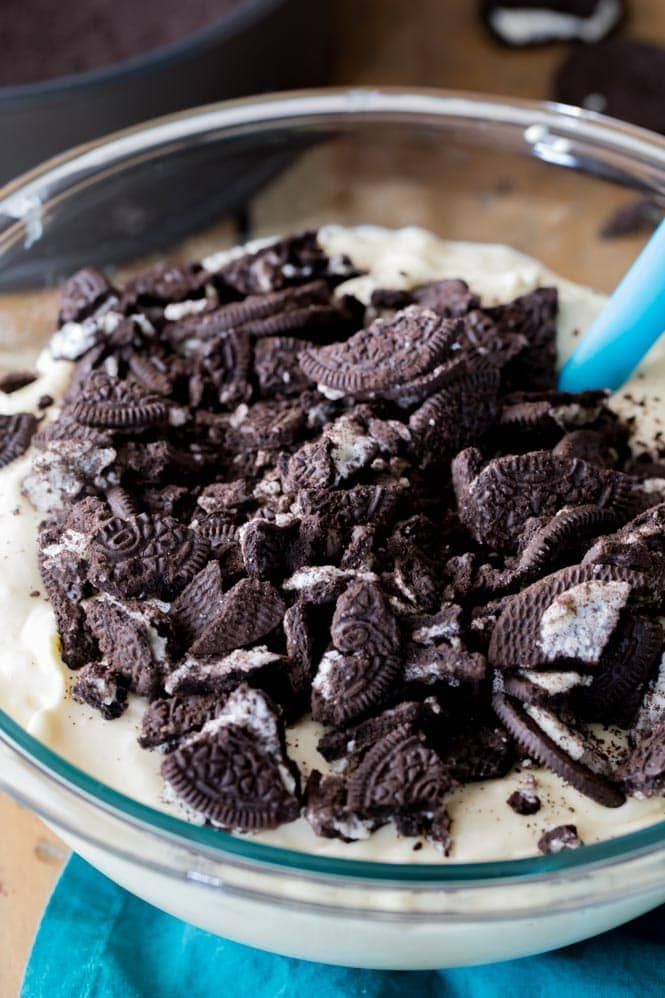 Cheesecake batter with Oreo cookie pieces