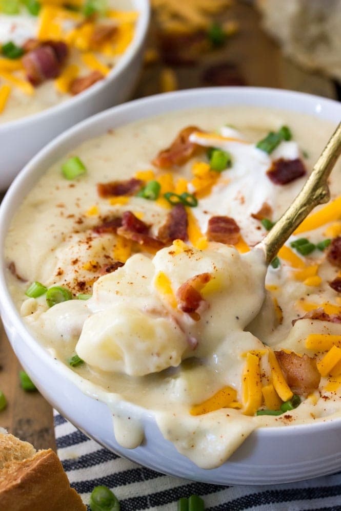 Creamy Potato Soup, loaded with bacon and cheese