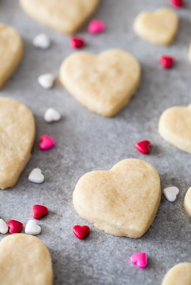 Freshly baked heart-shaped sugar cookies